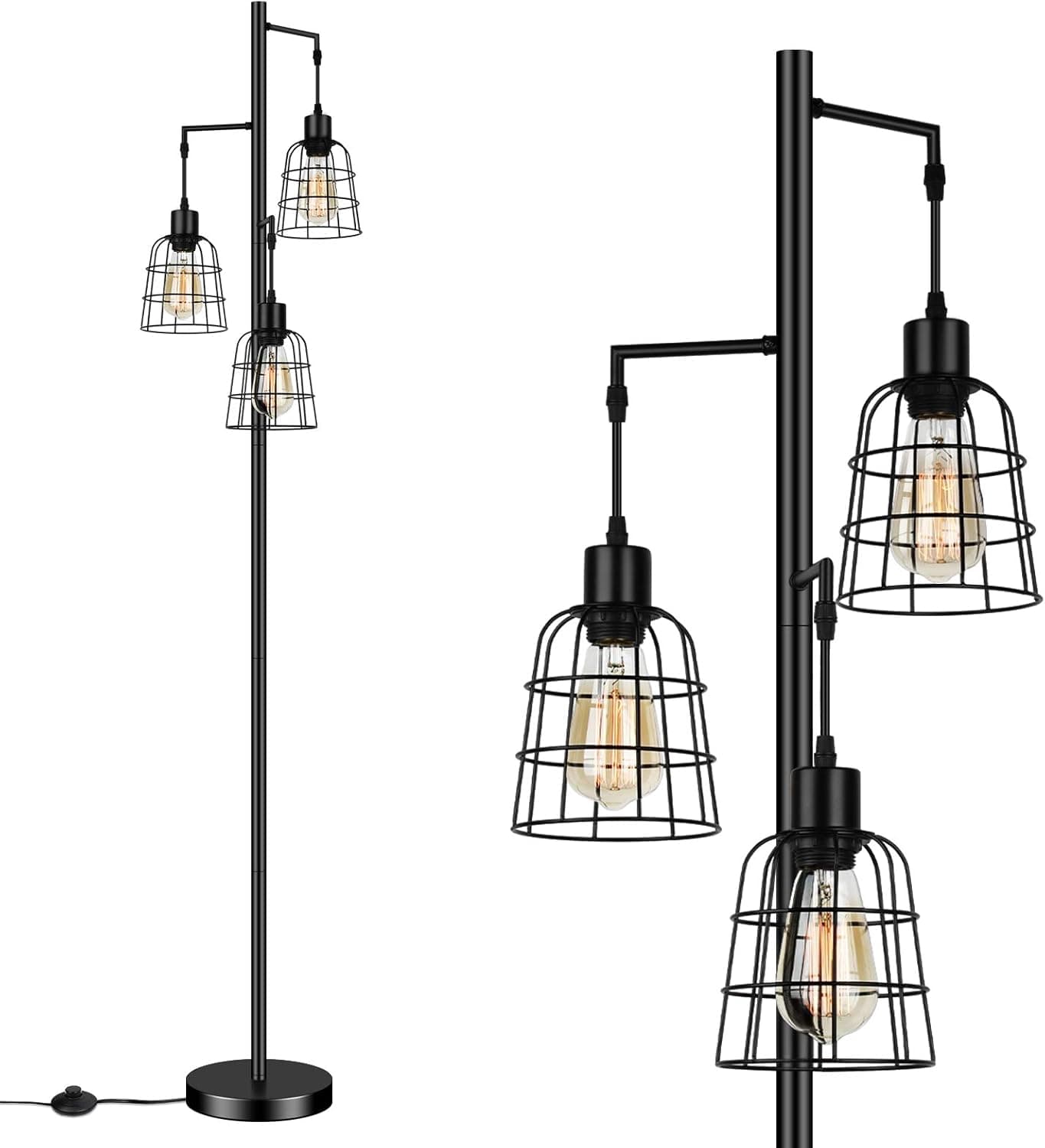 Industrial 3-Light Tree Floor Lamp with Cup-Shaped Cages Farmhouse Rustic Tall Standing Lamp for Living Room Vintage Elegant Black Pole Light with Edison E26 Base Metal Shade for Bedroom Office Hotel