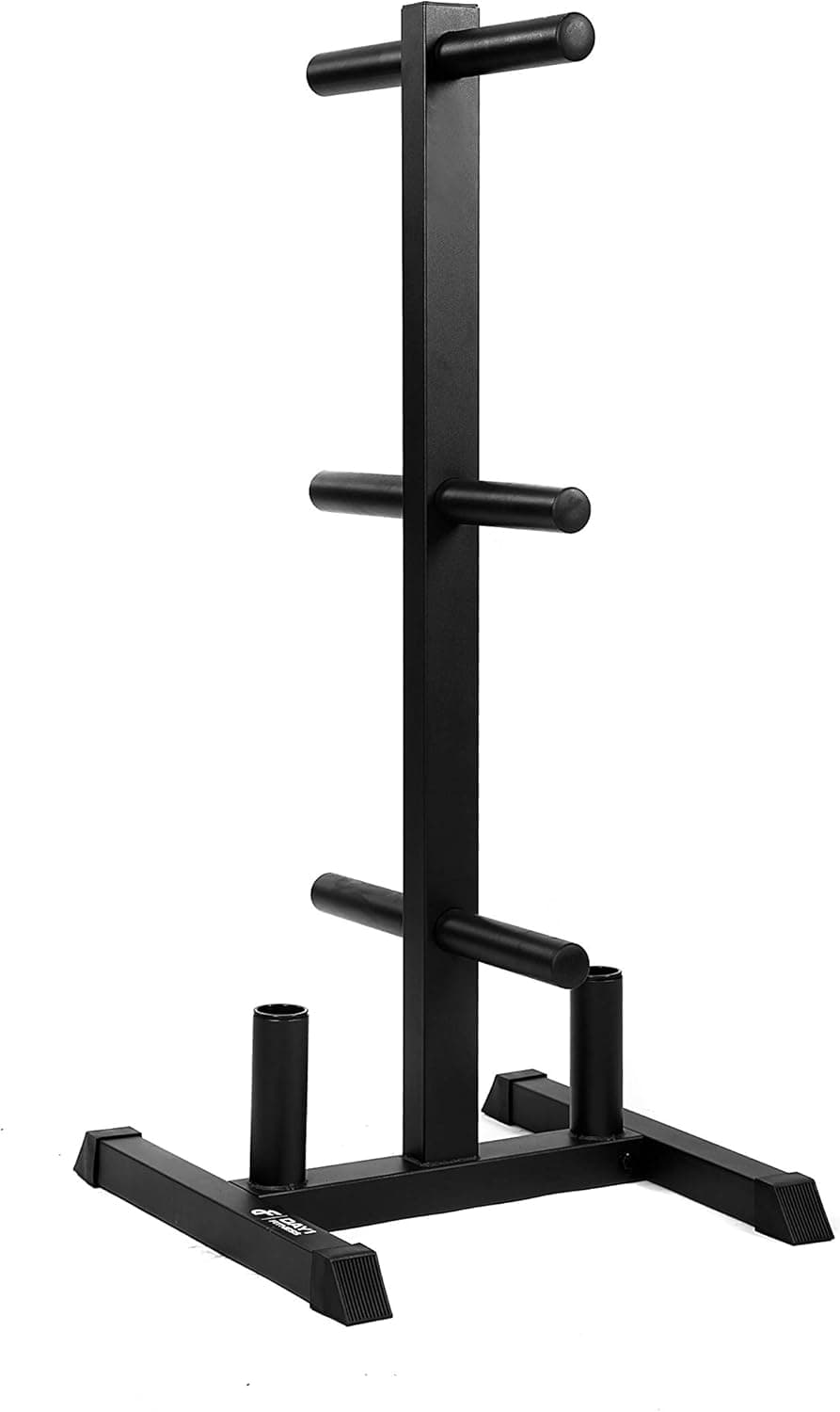 Weight Rack and 2 Bar Holder for 2” Olympic Plates by D1F – Free-Standing Sturdy Plate Racks Stand with 6 Pegs for Weighted Plates and Barbells - Stores Up To 850 lb - Gym Equipment Accessories