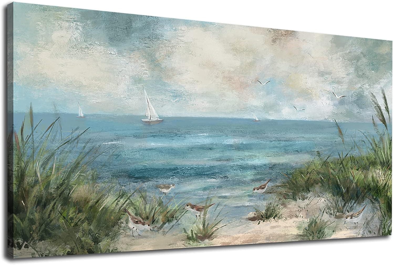 Sea Beach Canvas Wall Art Vintage Seascape Canvas Prints Wall Decor Ocean Sailboat Seagull Canvas Pictures Beach Bird Reed Canvas Painting Artwork for Living Room Bedroom Office Decoration 30" X 60"