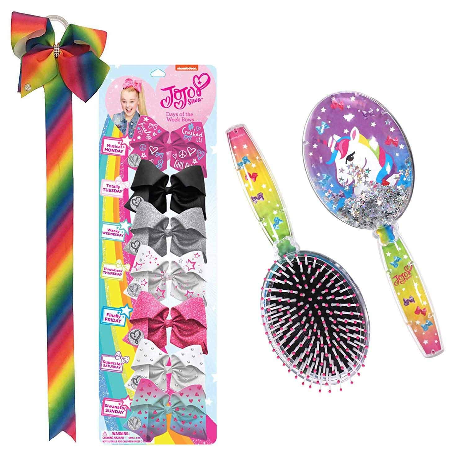 JoJo Siwa Kids Girls Hair Accessories Bundle (7 Days of the Week Mini Bow Set, Bow Organizer, Brush, Set of 3 Bracelets)