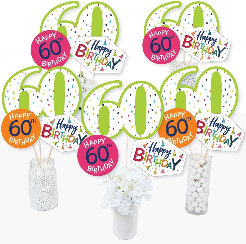 60th Birthday - Cheerful Happy Birthday - Colorful Sixtieth Birthday Party Centerpiece Sticks - Table Toppers - Set of 15