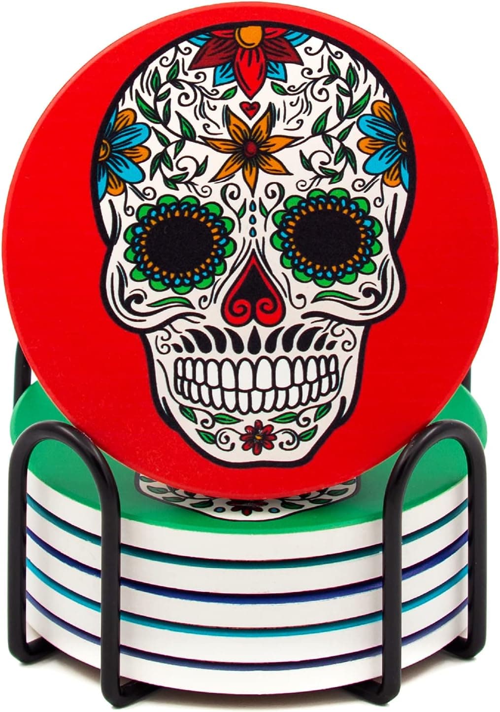 Jil-eNova 6pcs Sugar Skull Coaster Set with Metal Holder, Dia de Los Muertos Decor, Day of The Dead Coaster, Cool Coaster for Drinks, Coster Set, Absorbing Stone That Prevent Furniture Damage