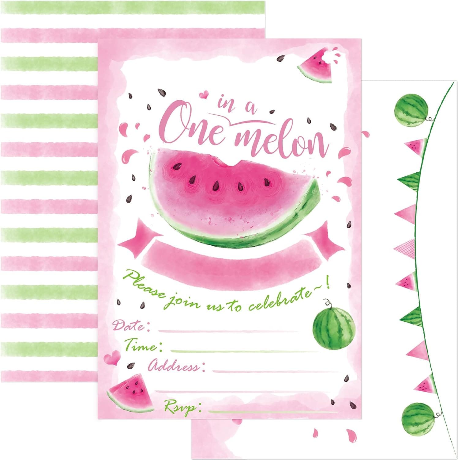 WERNNSAI Watermelon 1st Birthday Party Invitations - Pink Watermelon Party Supplies for Girls First Birthday 20 Sets Fill in Invites Cards with Envelopes