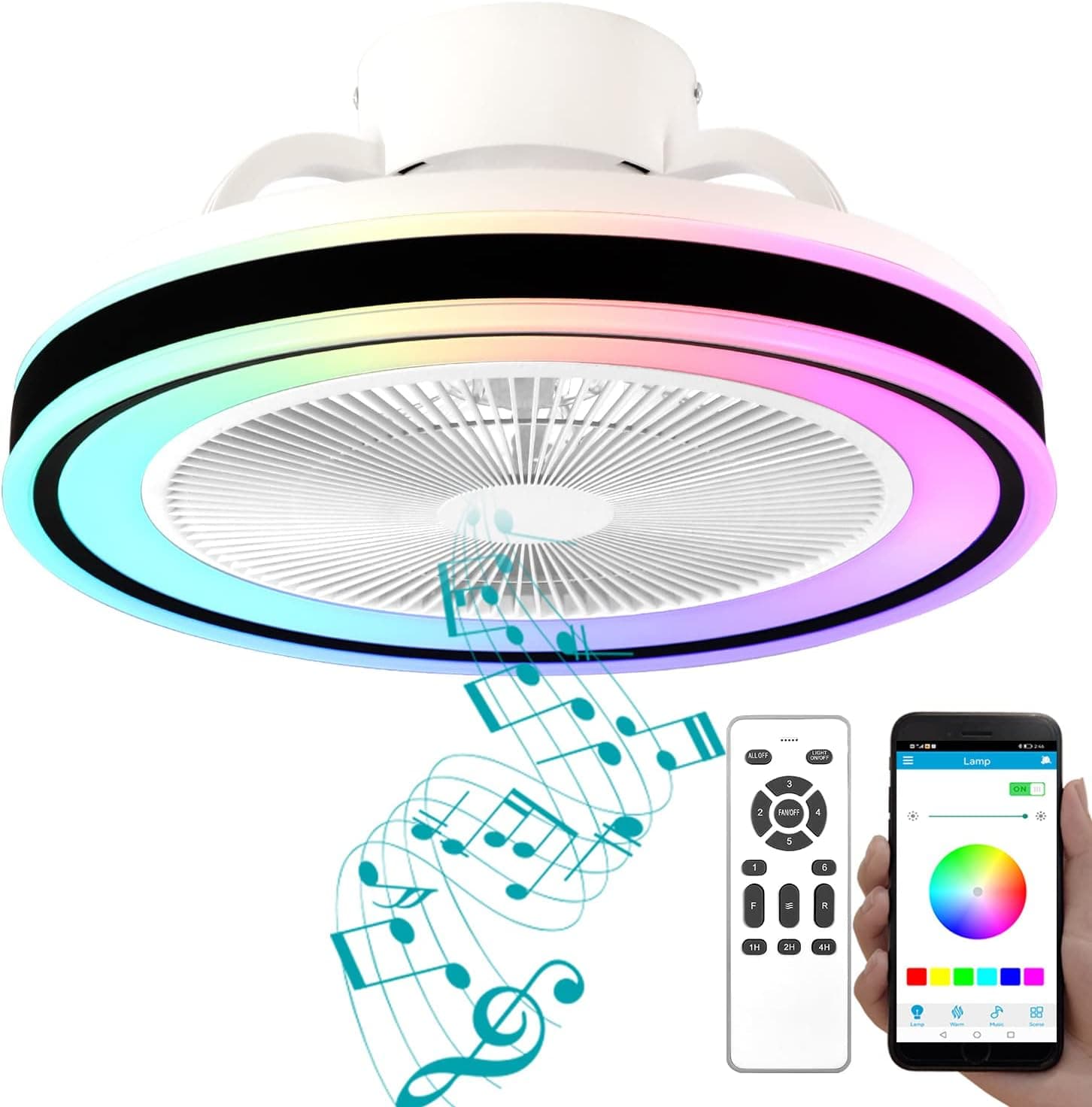 Dewshrimp Flush Mount Ceiling Fan,Bladeless Ceiling Fan with Bluetooth Speaker, Enclosed Ceiling Fan with Dazzling Light Effect, 7-Color Dimmable, App And Remote Control, 6-Speed Reversible, 19.68 In…