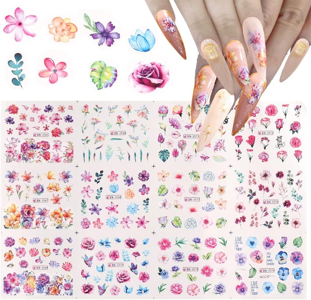 Nail Stickers for Women Flower Nail Stickers 12 Sheets Nail Art Stickers Water Transfer Nail Decals for Nail Art Decoration Watermark Flower Nail Stickers