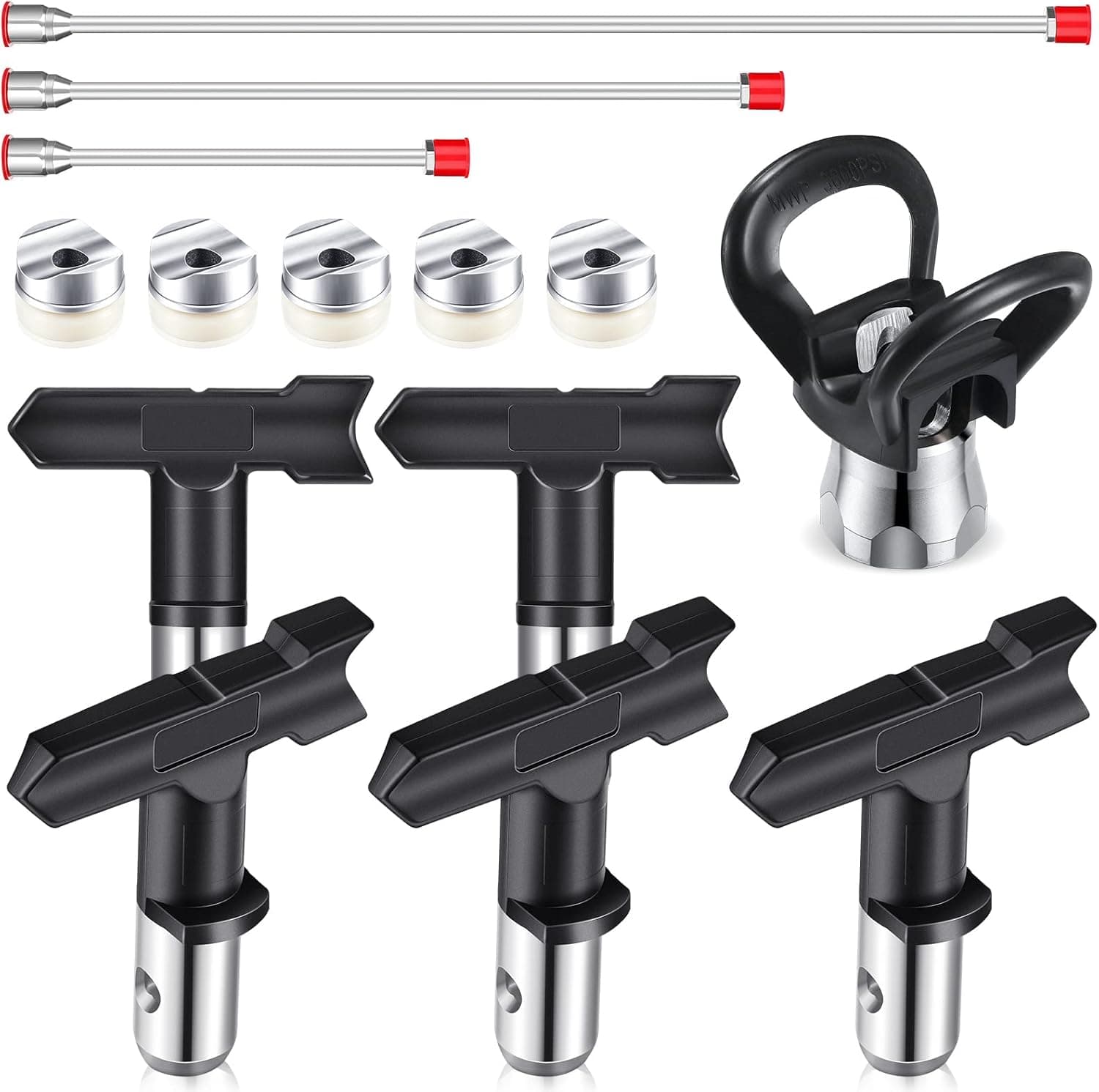 Zhengmy 9 Pieces Airless Paint Spray Gun Tool Set 30 cm 50 75 Extension Pole Reversible Tip Nozzles Tips for Spraying Machine Accessories (211, 313, 415, 517, 623), Black