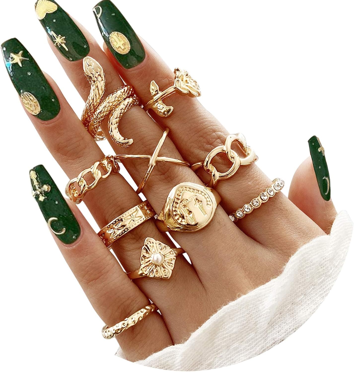 FAXHION Gold Silver Knuckle Rings Set for Women Girls, 10PCS BOHO Rings,Vintage Snake Chain Flower Rings, Gold Plated Statement Ring Midi Rings SIze Mixed