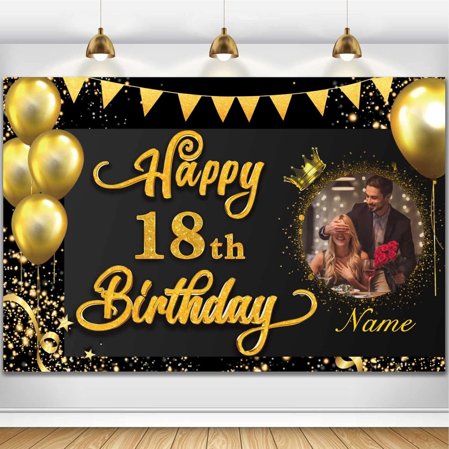 Custom Happy 18th Birthday Decorations Banner -18 Years Old Birthday Decorations Backdrop for Women Men Boys Girls - Personalization Happy 18th Birthday Party Decorations Supplies - Black and Gold