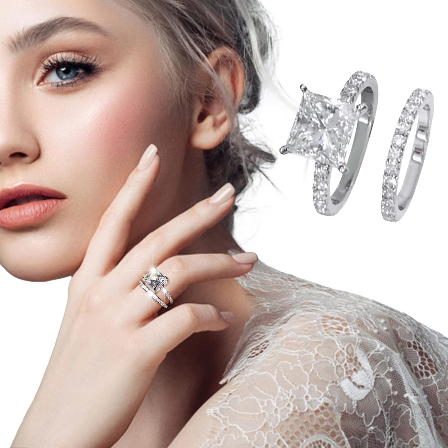 Womens Eternity Rings Square Silver Cubic Zirconia Bridal Rhinestone Engagement Ring Full Diamond Solitaire Ring