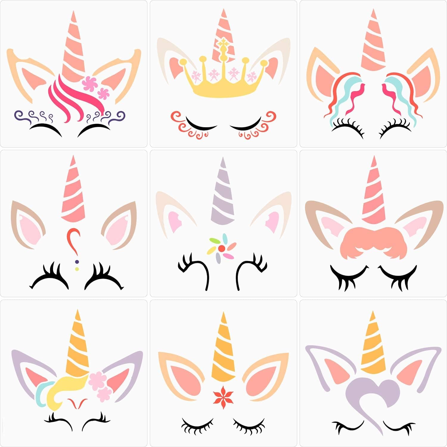 9 Pieces Unicorn Stencils Plastic Art Unicorn Painting Drawing Template Reusable Cute DIY Stencils for Walls Canvas Wood Furniture Home Decor Unicorn Themed Celebration, 7.9 Inches