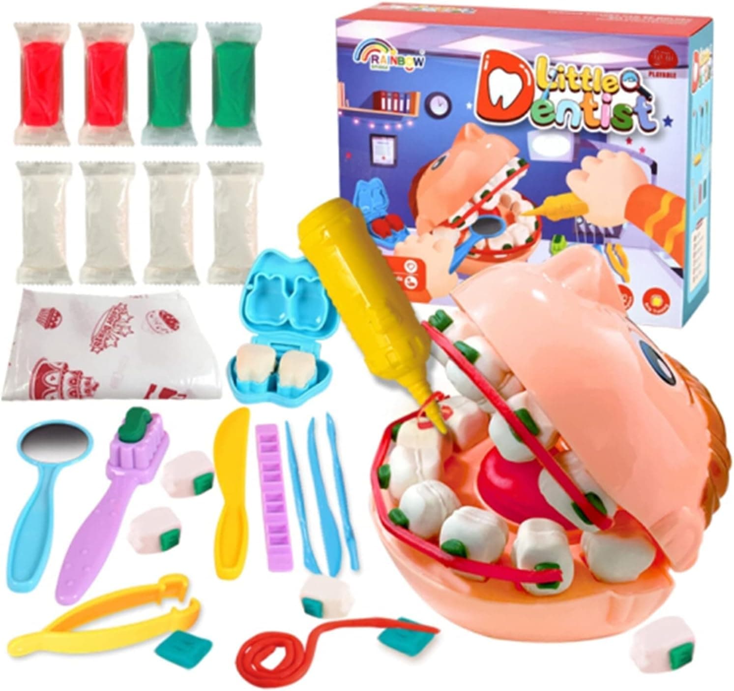 GOVOY Color Dough Dentist Doctor Drill and Fill Playset Little Dentist Toy Set with Colored Modeling Compound and Dough Molds Playset for Kids