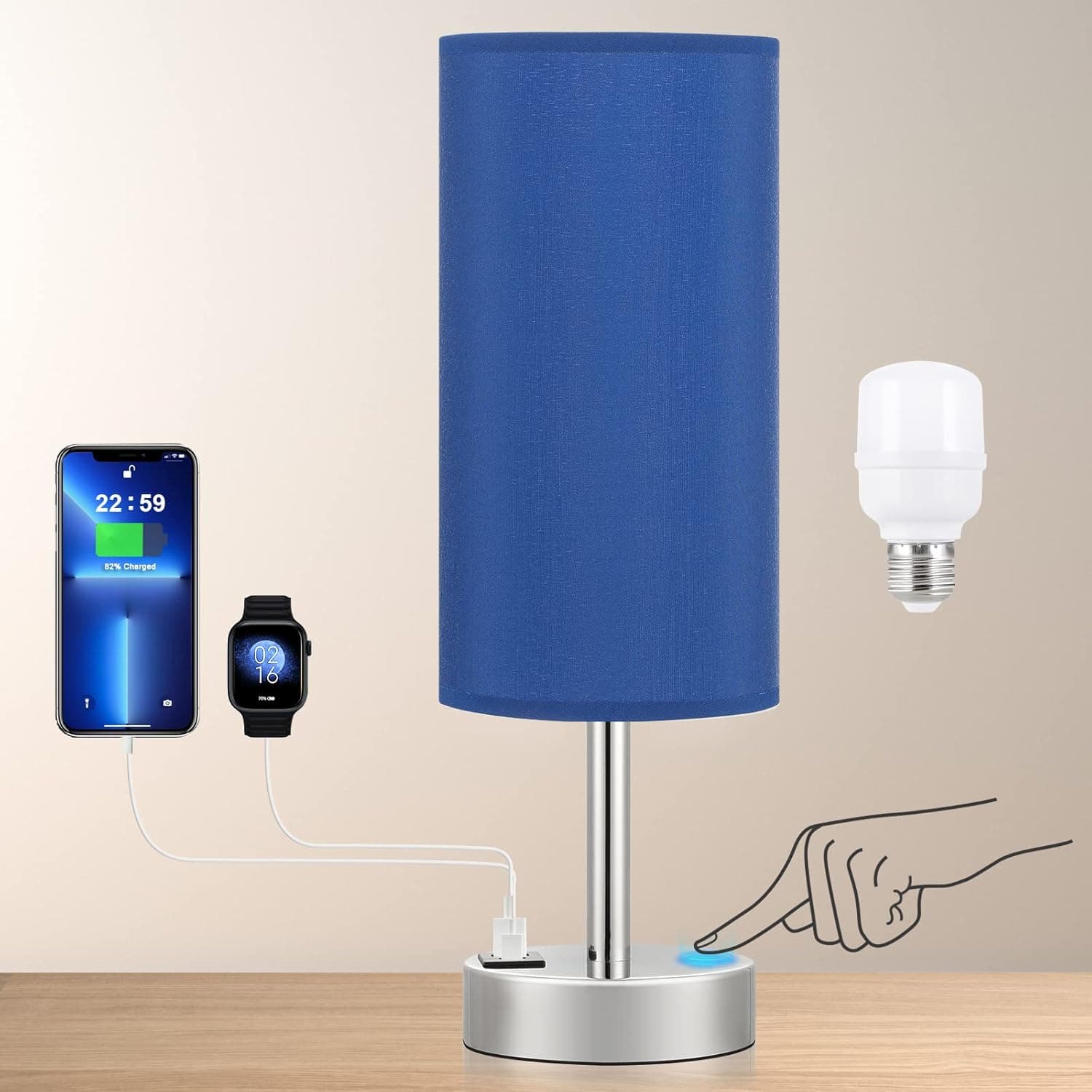 Blue Touch Table Lamps for Boy - Small Nightstand Lamp with USB-C and USB Charging Ports, 3 Way Dimmable Control Bedside Lamp with Fabric Shade Silver Base for Living Room, Office, Dorm, Reading
