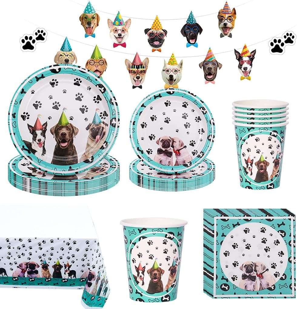 PartyBloom Dog Party Supplies, Partybloom Dog Disposable Tableware with Dog Plates Cups Napkins Serves 16 for Dog Birthday Theme Party