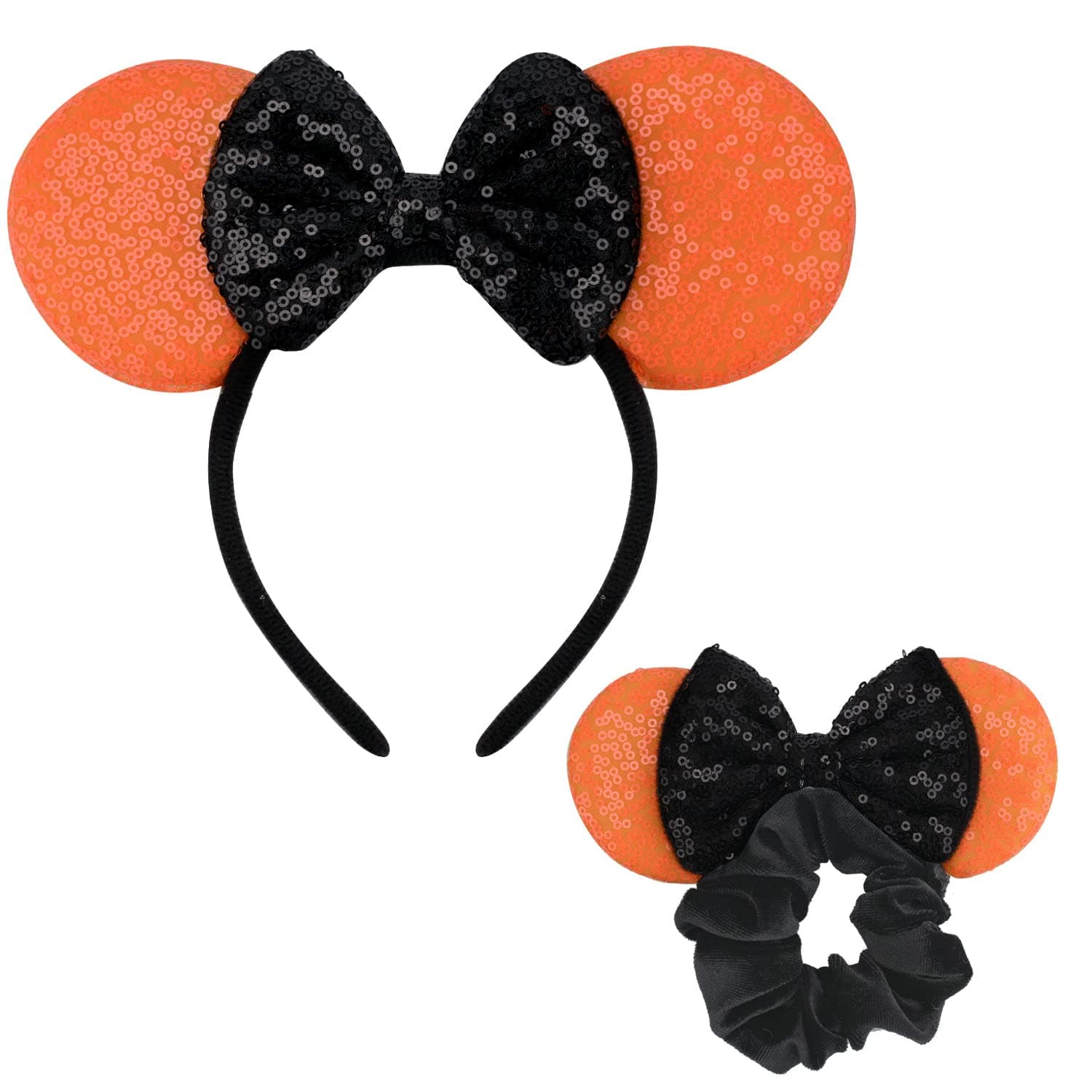 1 Pcs Mouse Ears Headband and 1 Pcs Mouse Ears Scrunchies with Bow Hairs Accessories for Girls Women Boys Birthday Party (Blackorange)