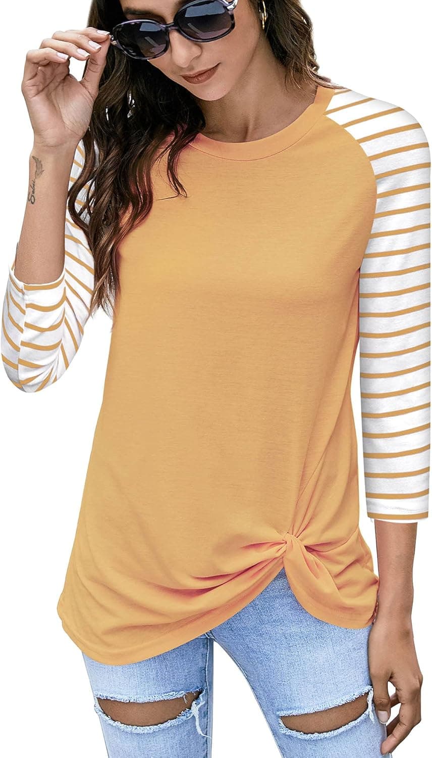 koitmy Women's 3/4 Sleeve Raglan Twist Knotted Blouses T Shirt Tunics Tops
