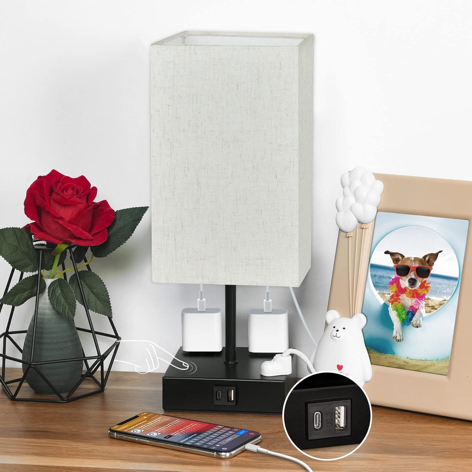 Sailstar Upgraded Table Lamp with USB C+A Charging Ports & 2AC Outlets, Beige Bedside Lamp for Bedroom, 3 Way Dimmable Touch Lamp, Small Space Nightstand Lamp for End Table, Bulb Included