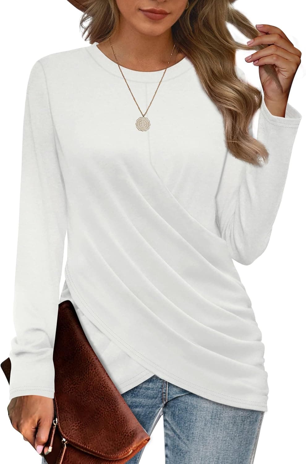 Jescakoo Womens Long Sleeve Tops Twist Front Tunic Tops To Wear With Leggings Crewneck