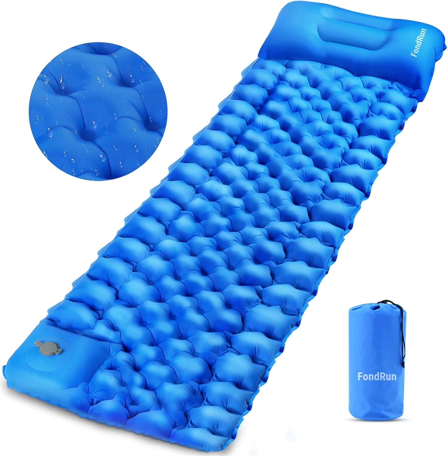fondrun Inflatable Sleeping Pad for Camping, Ultralight Waterproof Sleeping Mat w/Pillow, Foot Pump Quick Inflation & Deflation, Thick Air Mattress for Backpacking Hiking Tent Travel
