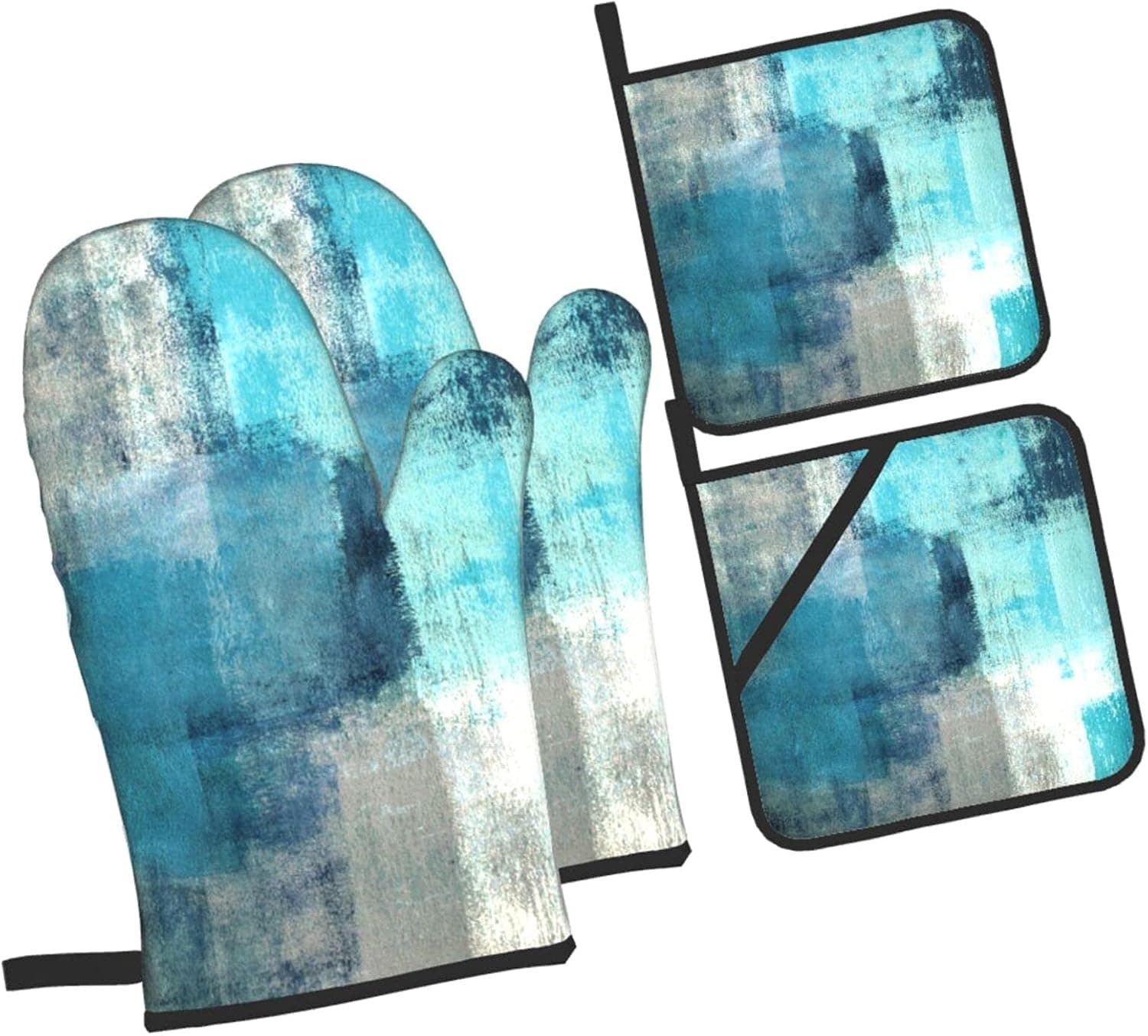 Oven Mitts and Pot Holders Sets of 4 Modern Art Gry Turquoise Abstract Kitchen Potholder Gloves Heat Resistant Non-Slip for Chef Baking Cooking Grilling BBQ Mittens