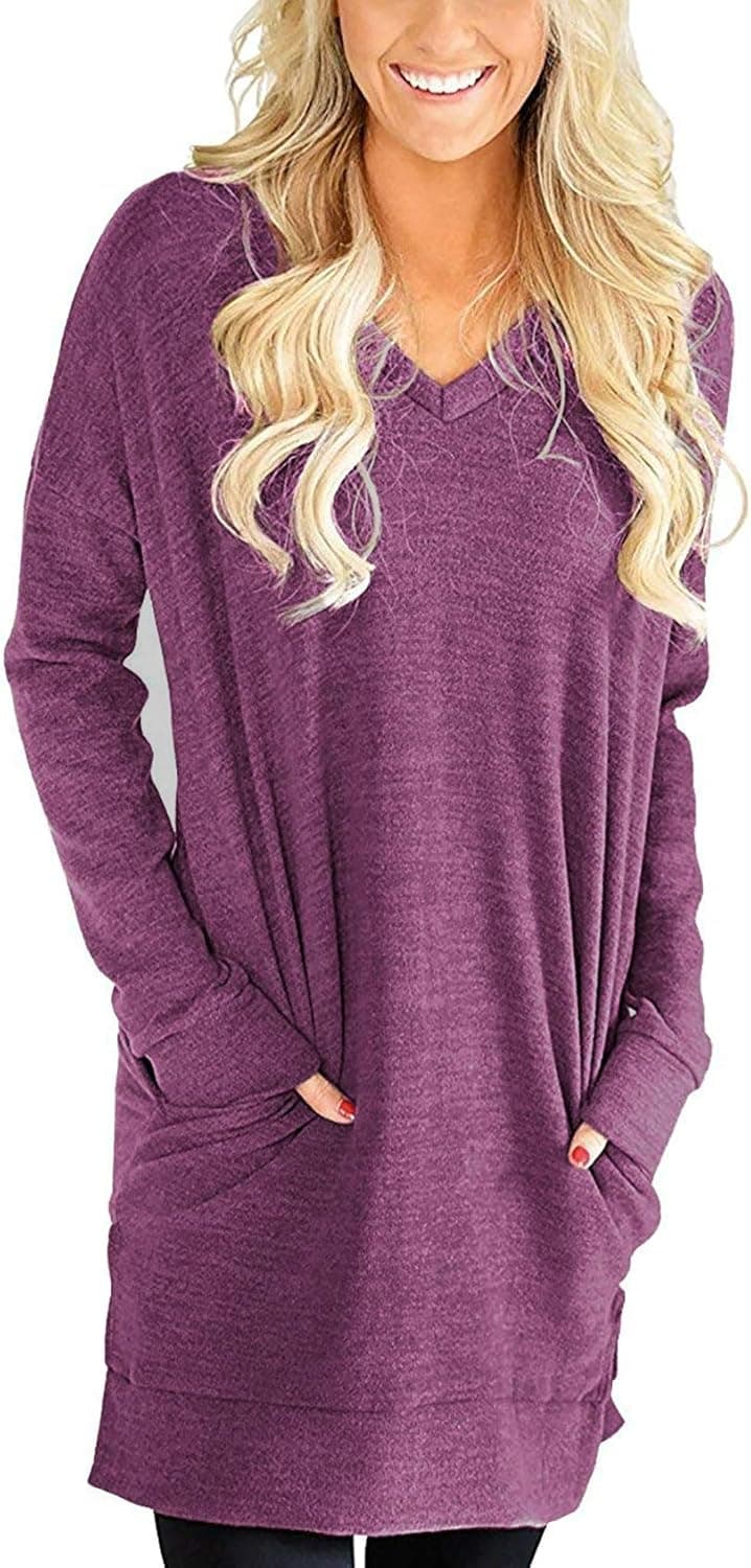 LERUCCI Womens Casual Long Sleeves Solid V-Neck Tunics Shirt Tops with Pockets