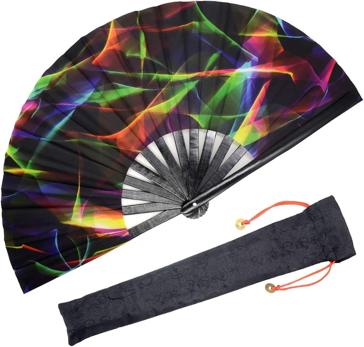 OMyTea Bamboo Large Rave Folding Hand Fan for Men/Women - Chinese Japanese Handheld Fan with Fabric Case - for Electronic Dance Music Festival Party, Performance, Decorations, Gift (Colorful Fantasy)