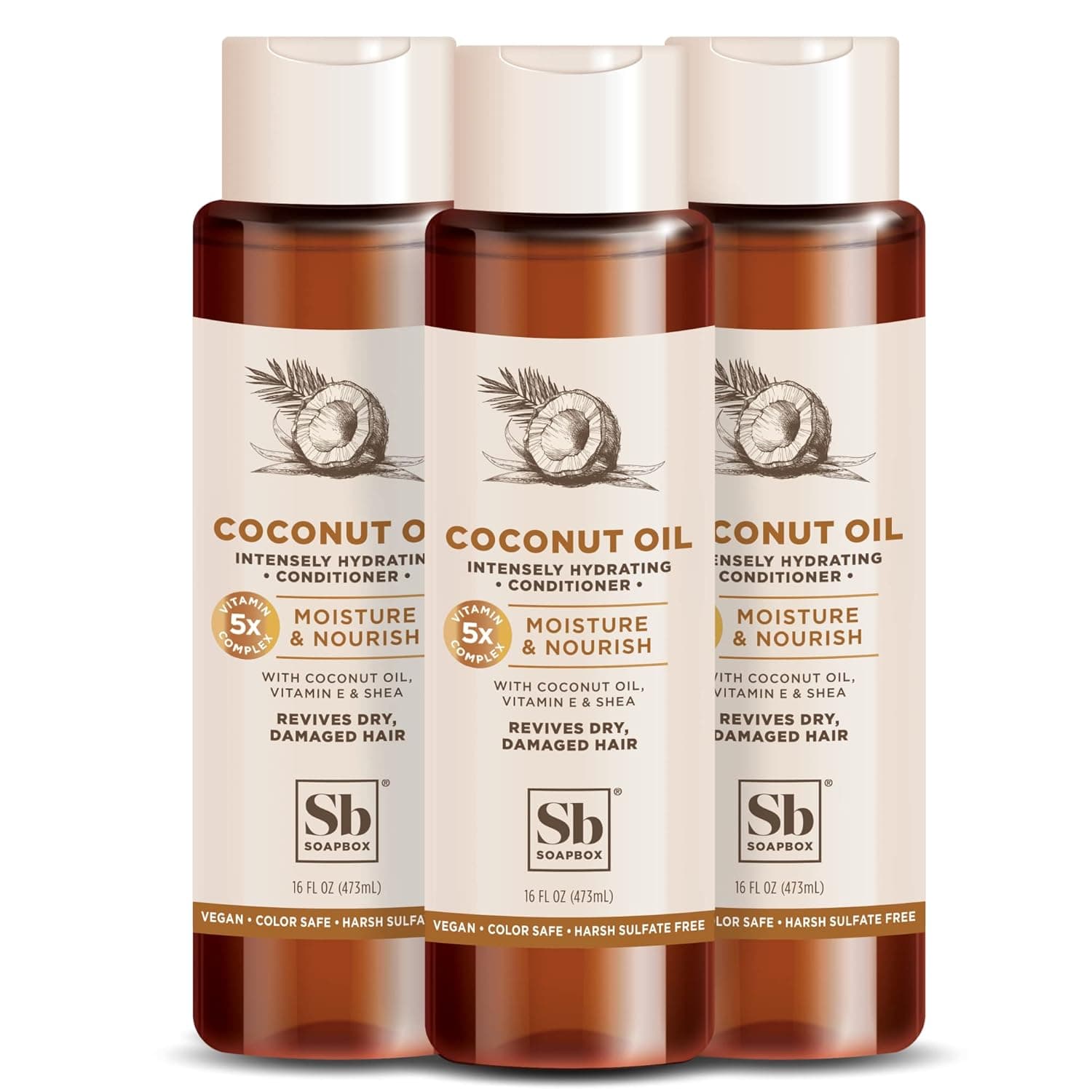 Soapbox Coconut Oil with Shea Butter Conditioner, Volumizing, Vegan, Color Safe, Sulfate & Silicone Free Hair Conditioner - 16oz, Pack of 3