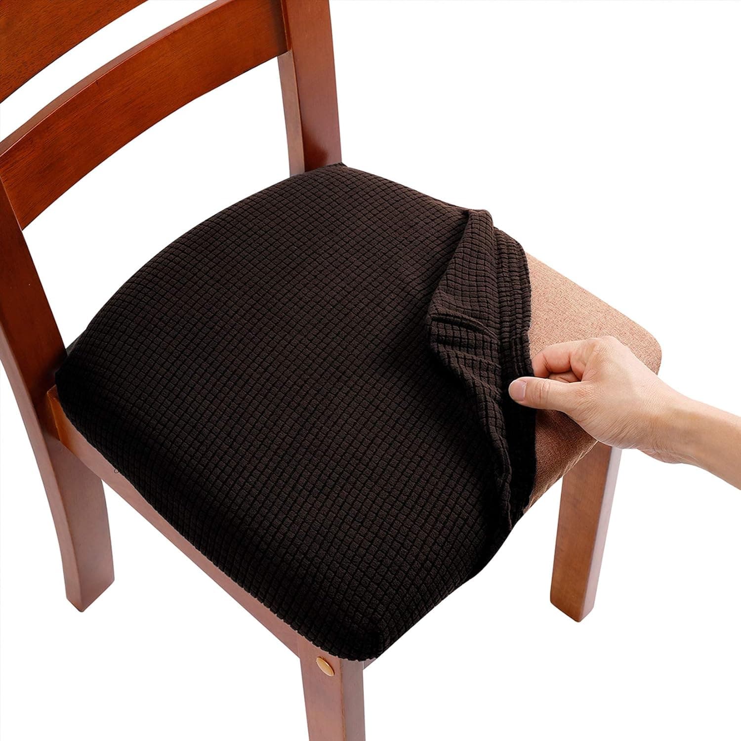 AlGaiety Stretch Spandex Jacquard Seat Chair Covers for Dining Room, Removable Washable Anti-Dust Dinning Kitchen Upholstered Chair Seat Cushion Slipcovers, Set of 6, Chocolate