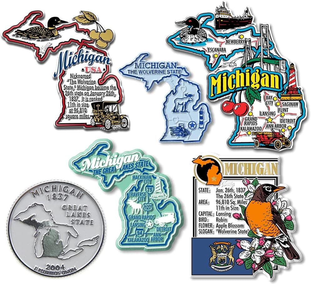 Michigan Six-Piece State Magnet Set by Classic Magnets, Includes 6 Unique Designs, Collectible Souvenirs Made in The USA