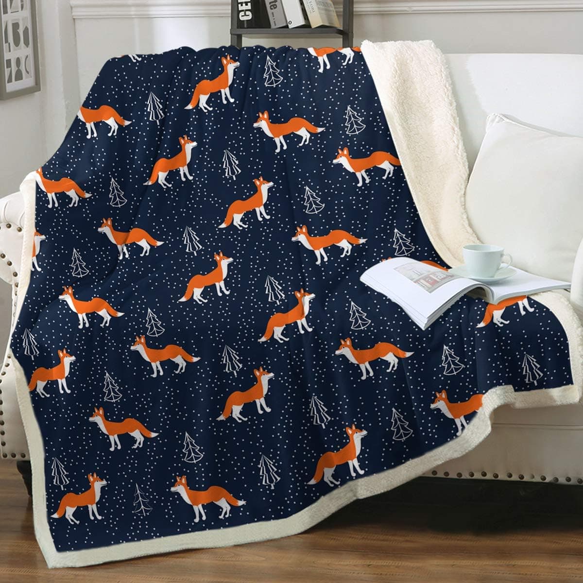 Sleepwish Fox Blanket for Kids Girls Boys Adult Soft Plush Sherpa Throw Blanket Blue Orange Fox Thick Winter Animal Fleece Blanket Living Room Warm Breathable Lightweight Blankets (50"x60")