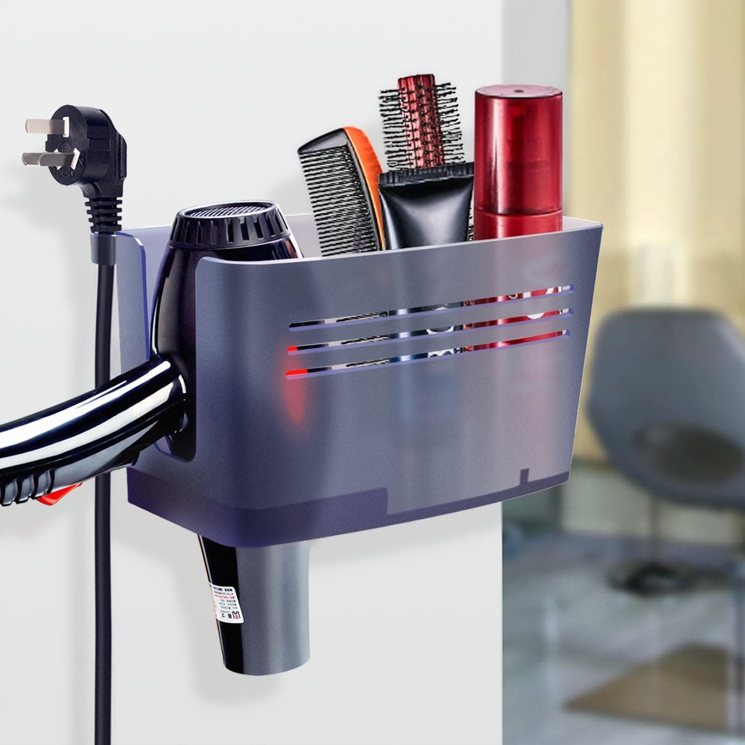 FAMLOVE Hair Dryer Holder Wall Mount Bathroom Beauty Appliance Storage Organizer Plug Hook, Bathroom Accessories Blow Dryer, Hairdryer, Flat Iron, Curling Wand, Straightener & More - Grey