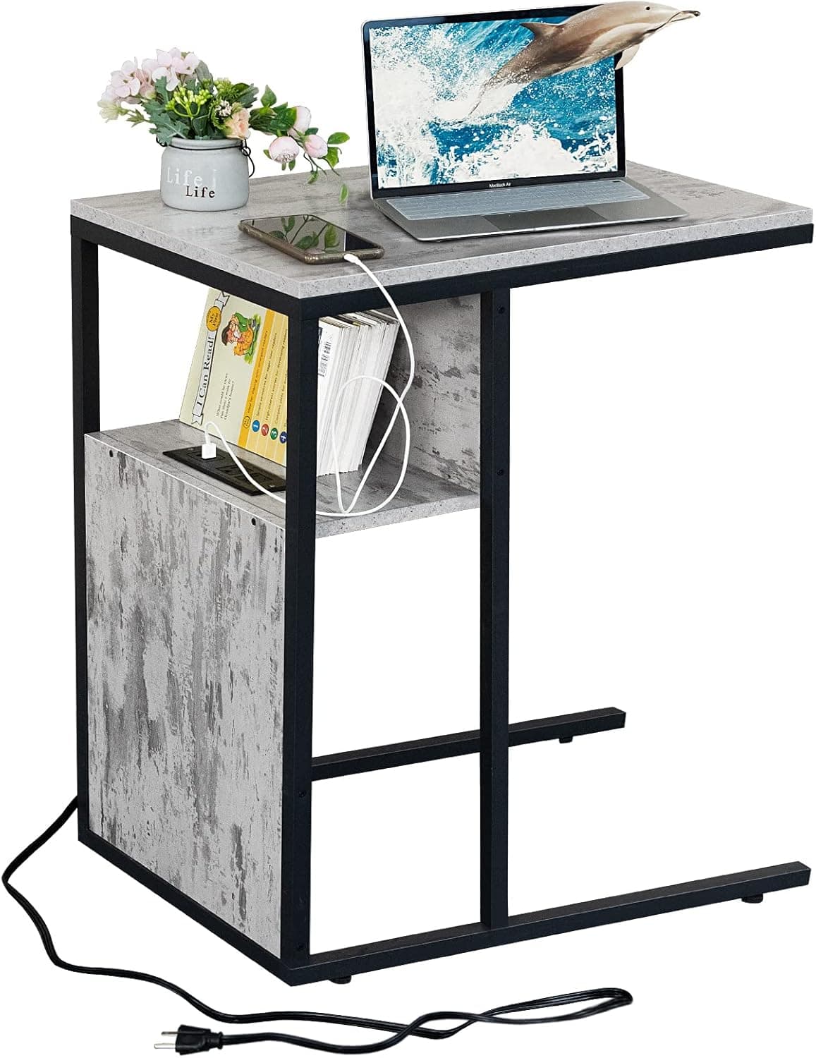 Lerliuo Slim End Table with Charging Station, Grey Sofa Side Table with USB Ports and Power Outlets, Couch Table for Small Space, C Shaped Snack Table for Bedroom and Living Room