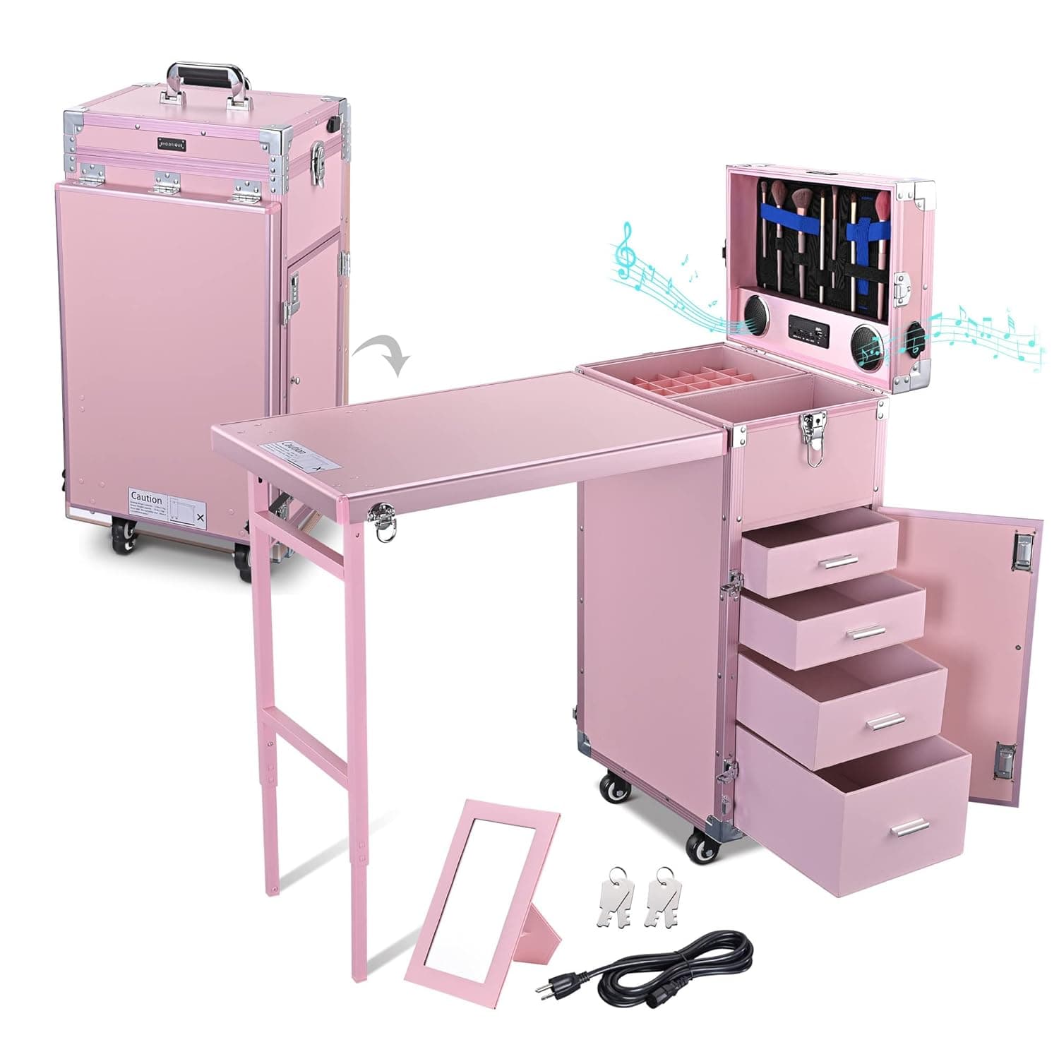 BYOOTIQUE Foldable Rolling Manicure Table Nail Desk Makeup Train Case Cosmetic Trolley Travel Storage Organizer Nail Tables with 4 Drawers Mirror & Speaker for Technician Workstation Mua Salon, Pink