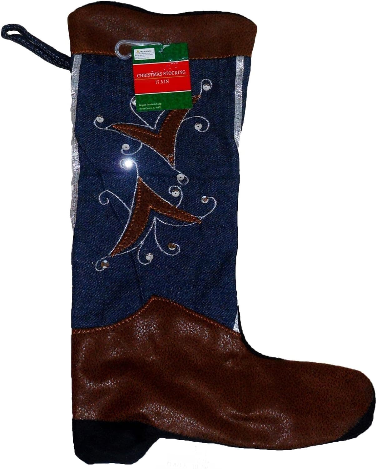 Deluxe Denim and Faux Leather Cowboy Boot Christmas Stocking with Silver Details
