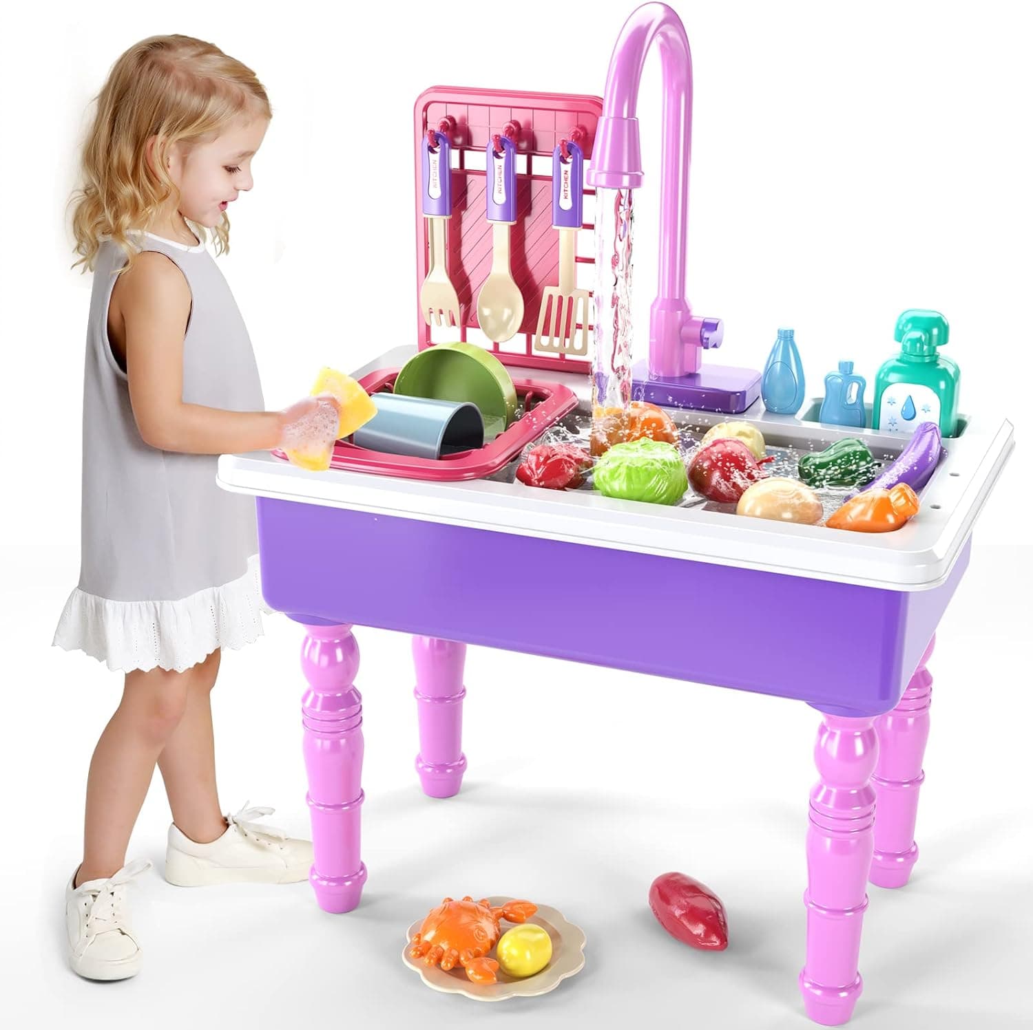 SmartChef Play Kitchen Sink Toys,Pink Electric Dishwasher Playing Toy with Running Water, Play Food & Tableware Accessories, Kitchen Set Toys, Role Play Sink Set for Toddlers Kids Boys Girls