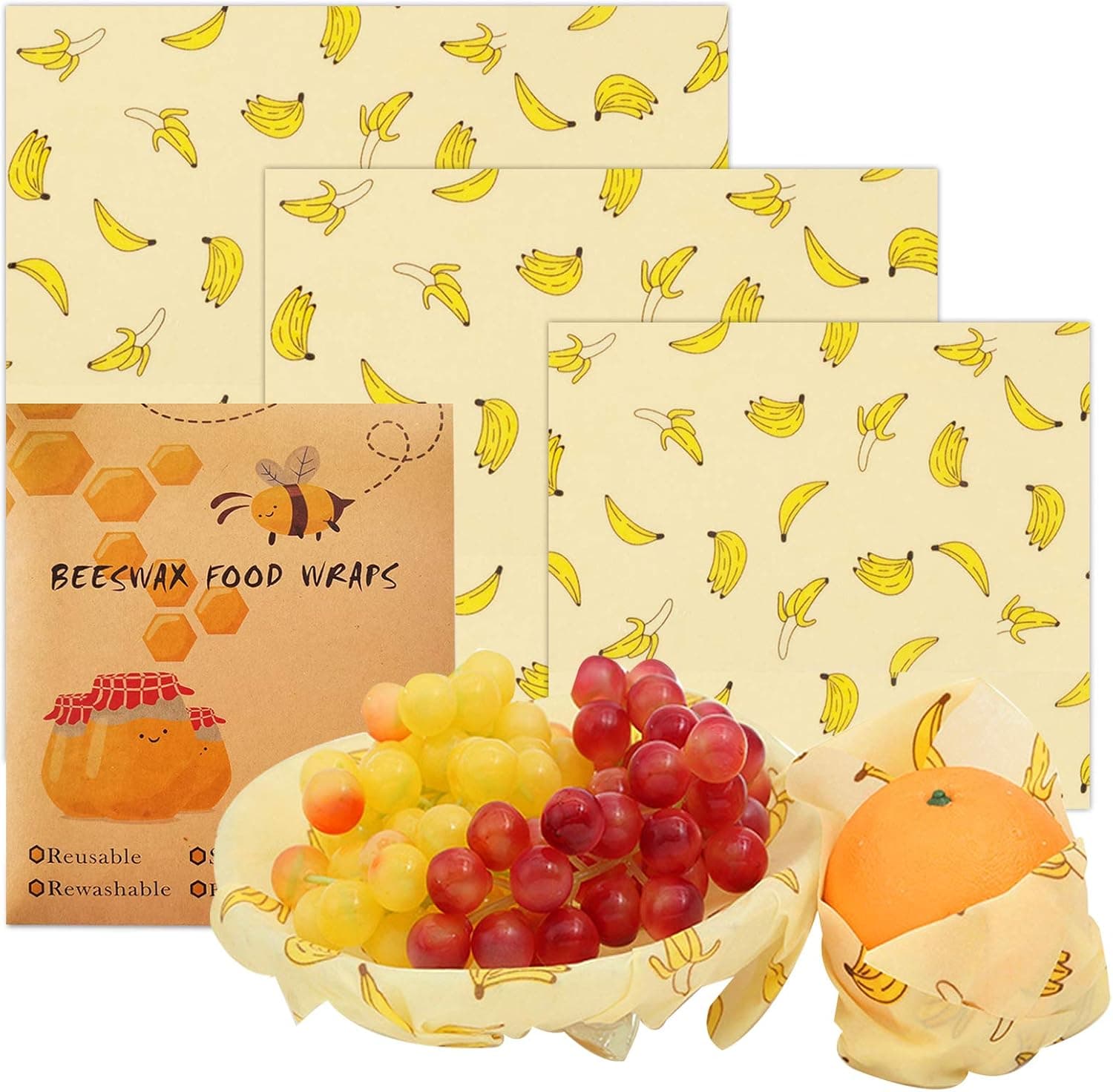 Greenf Beeswax Reusable Food Wraps 3 Pack of Sandwich Wrap Eco Friendly Bees Wrap Bowl Covers Sustainable Bees Wax Plastic Wrap for Food Storage (Banana Print, 3)