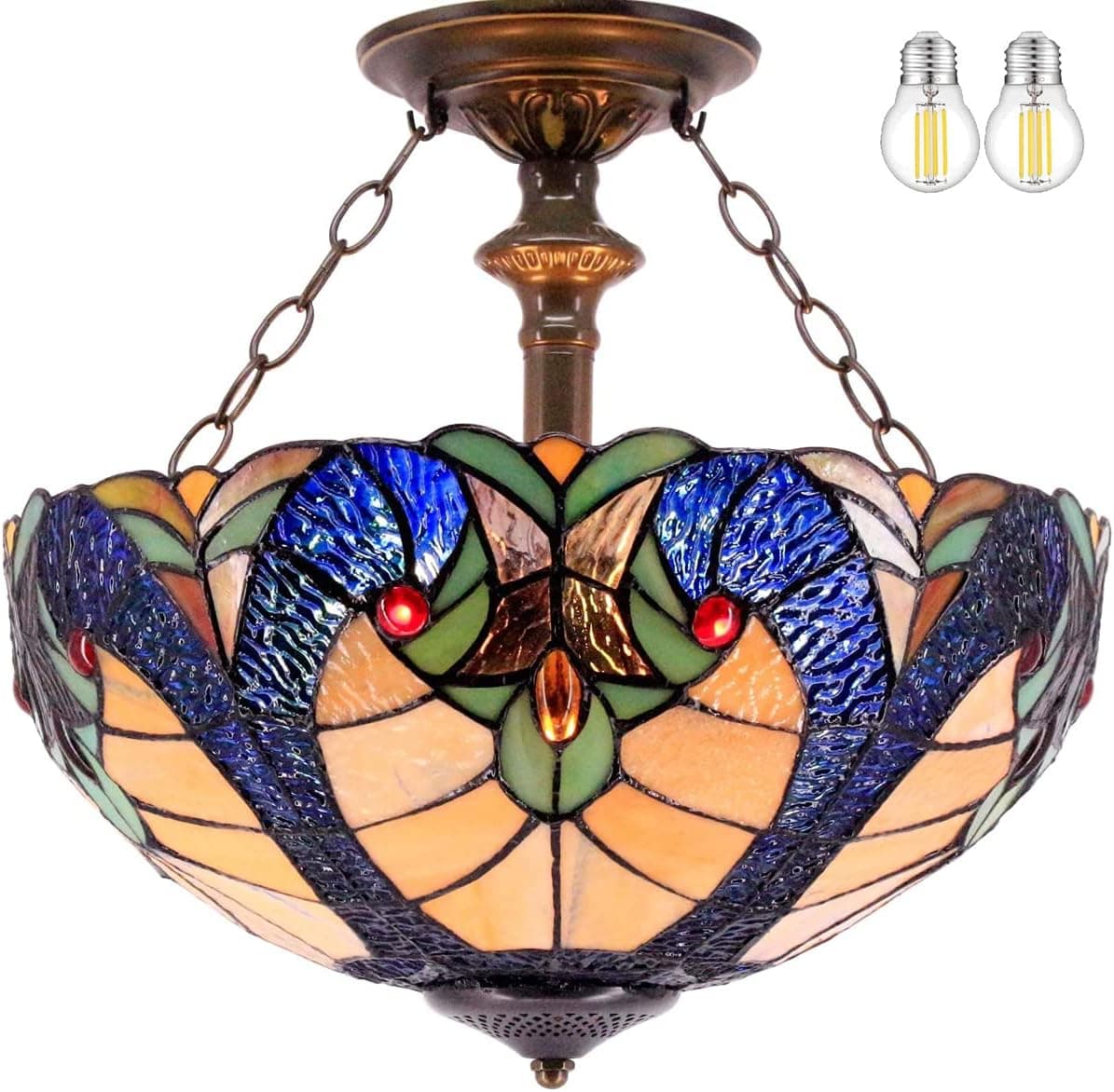 WERFACTORY Tiffany Ceiling Light Fixture Blue Yellow Liaison Stained Glass Semi Flush Mount Lamp Wide 16 Inch Height 15 Inch Tiffany Ceiling Lamp S160E Series