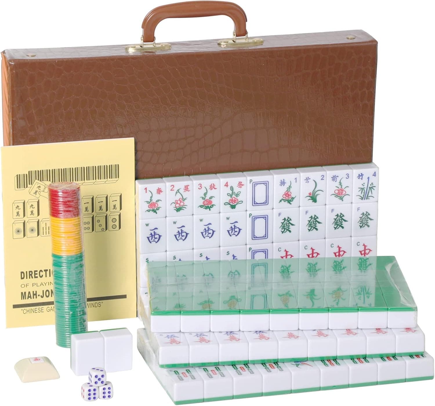 Chinese Mahjong Game Set, with Large (1.5") 144 Numbered Melamine Green Tiles, 2 spare tiles, 3 Dice and a Wind Indicator, Carrying Travel Case with English Instruction Included (Mah Jongg, Majiang)