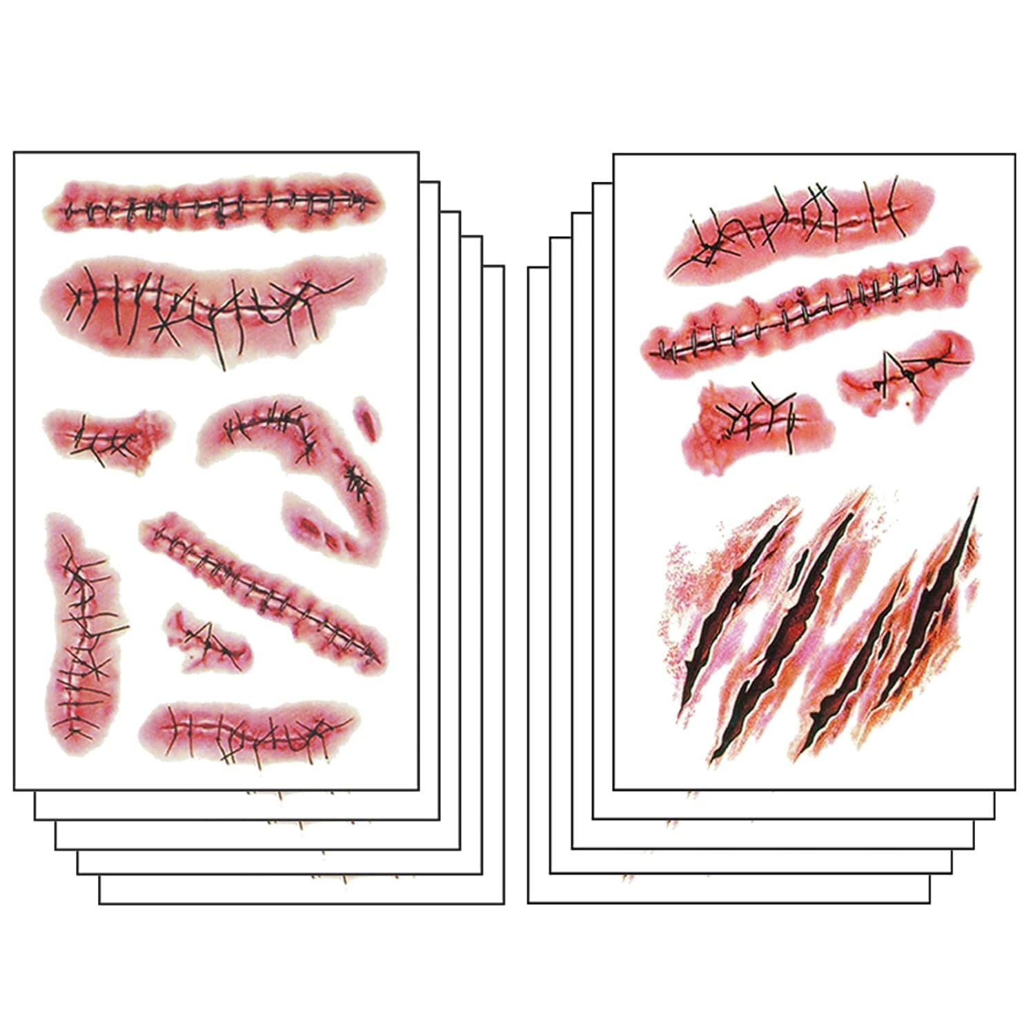 Halloween Scar Temporary Tattoos 3D Body Face Realistic Fake Face Blood Wound Stitch Tattoo Sticker Waterproof Zombie Makeup Vampire Makeup Prank Props