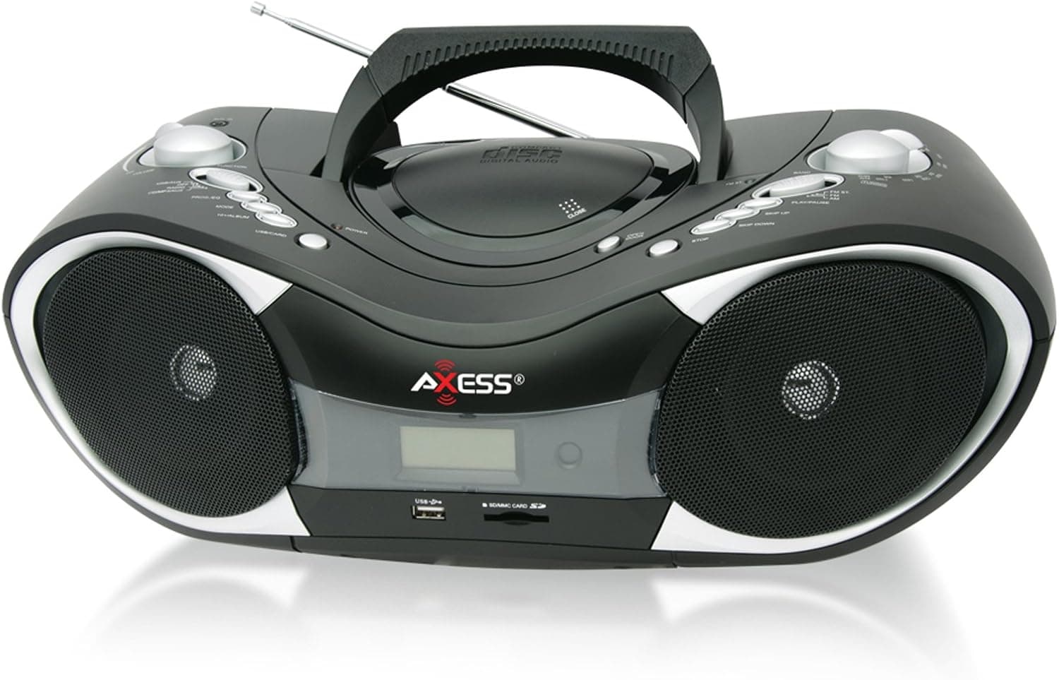 AXESS PB2707 Portable MP3/CD Boombox with AM/FM Stereo, USB, SD, MMC and AUX Inputs