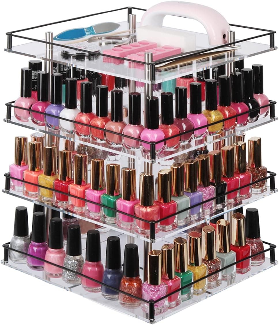 J JACKCUBE DESIGN JackCubeDesign 4 Tier Acrylic 280 Nail Polish 360 Rotating Display Rack Organizer Stand Makeup Cosmetics Storage Box Carousel Shelf with Iron Guard(4tier) – MK302-4