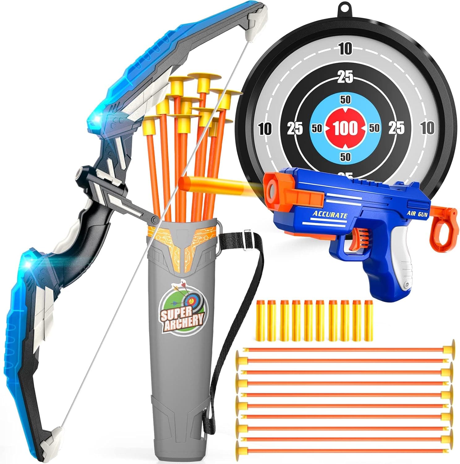 Bow and Arrow for Kids, Kids Archery Set with Light-up LED Includes 10 Suction Cup Arrows, Target & Quiver, Indoor & Outdoor Kids Archery Boys Toys Gifts for 3 4 5 6 7 8-12 Years Old Boys Girls
