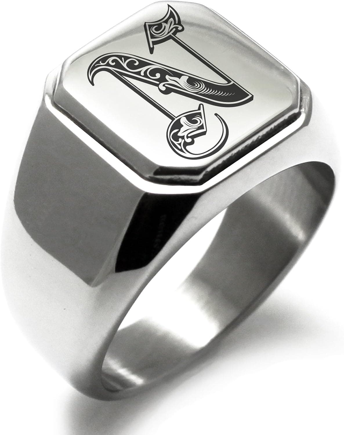Stainless Steel Letter N Alphabet Initial Royal Monogram Square Flat Top Biker Style Polished Ring