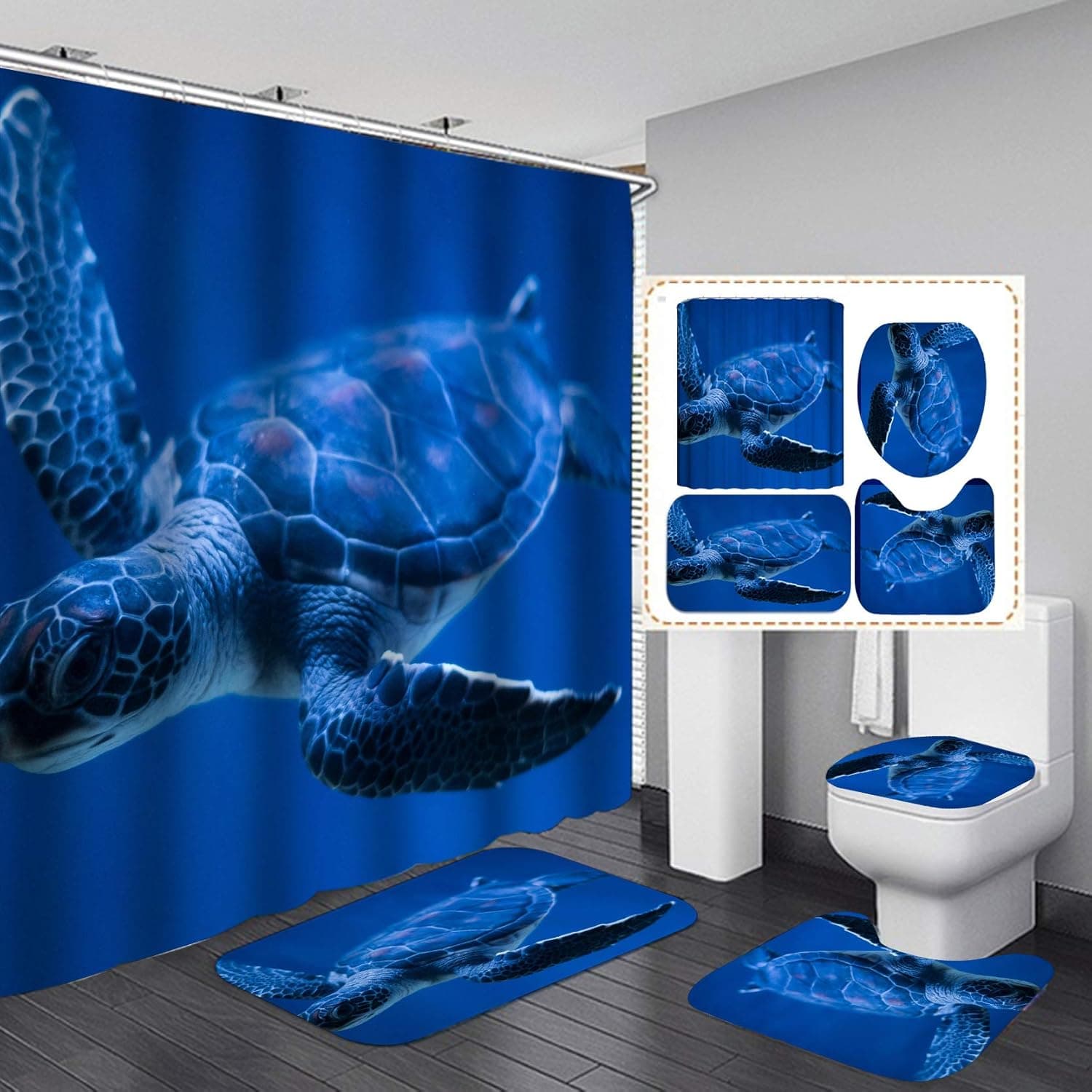 Fashion_Man 4PCS Underwater World Dolphin Shower Curtain Set Polyester Waterproof Bathroom Shower Curtains + Bath Mat Set Bathroom Rugs Toilet Lid Cover Contour Carpet, 72"x72", Blue Turtle (4pcs)