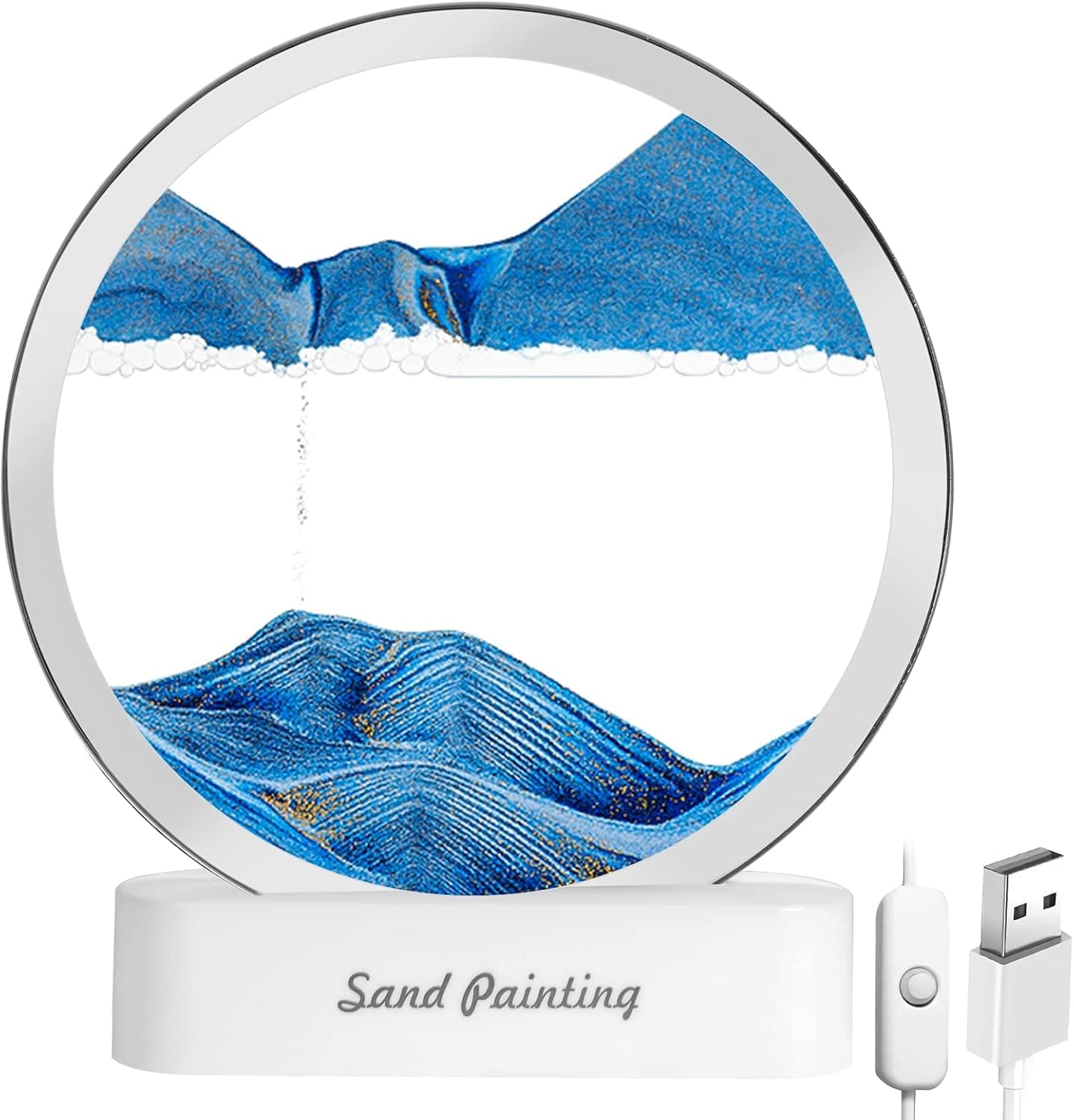 OSDUE Moving Sand Art Picture, Sand Art Liquid Motion, Round Glass 3D Deep Sea Sandscape in Motion Display- Flowing Sand Frame Relaxing Desktop Home Office Work Decor (7", Blue)
