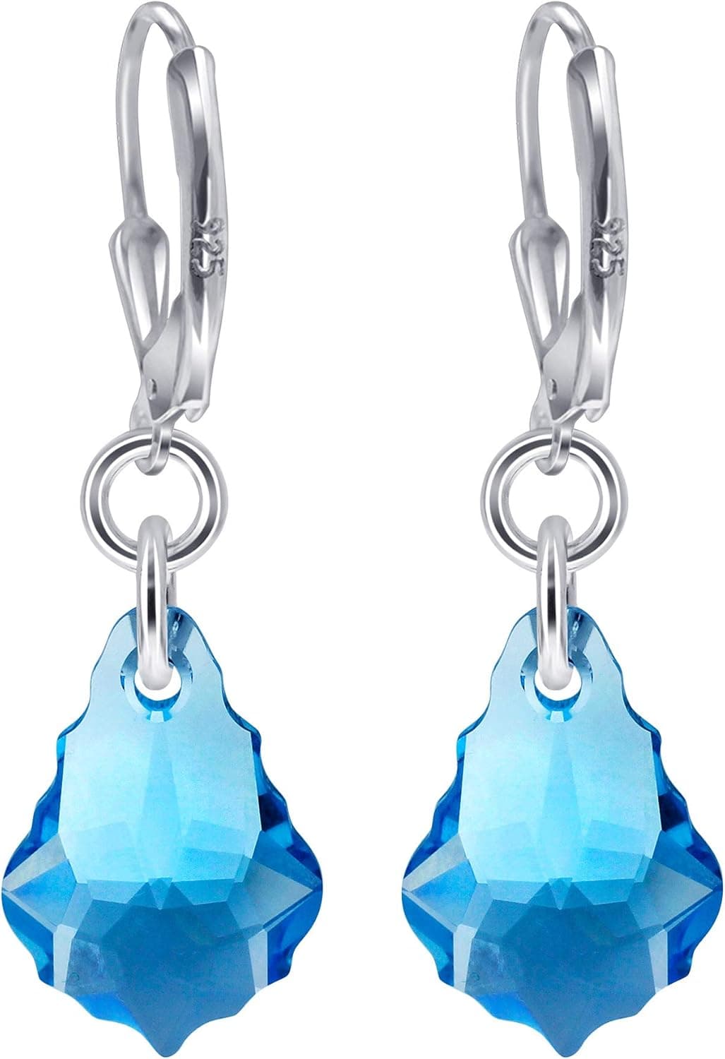 Blue Baroque Shape Austrian Crystals Handmade Sterling Silver Leverback Drop Earrings