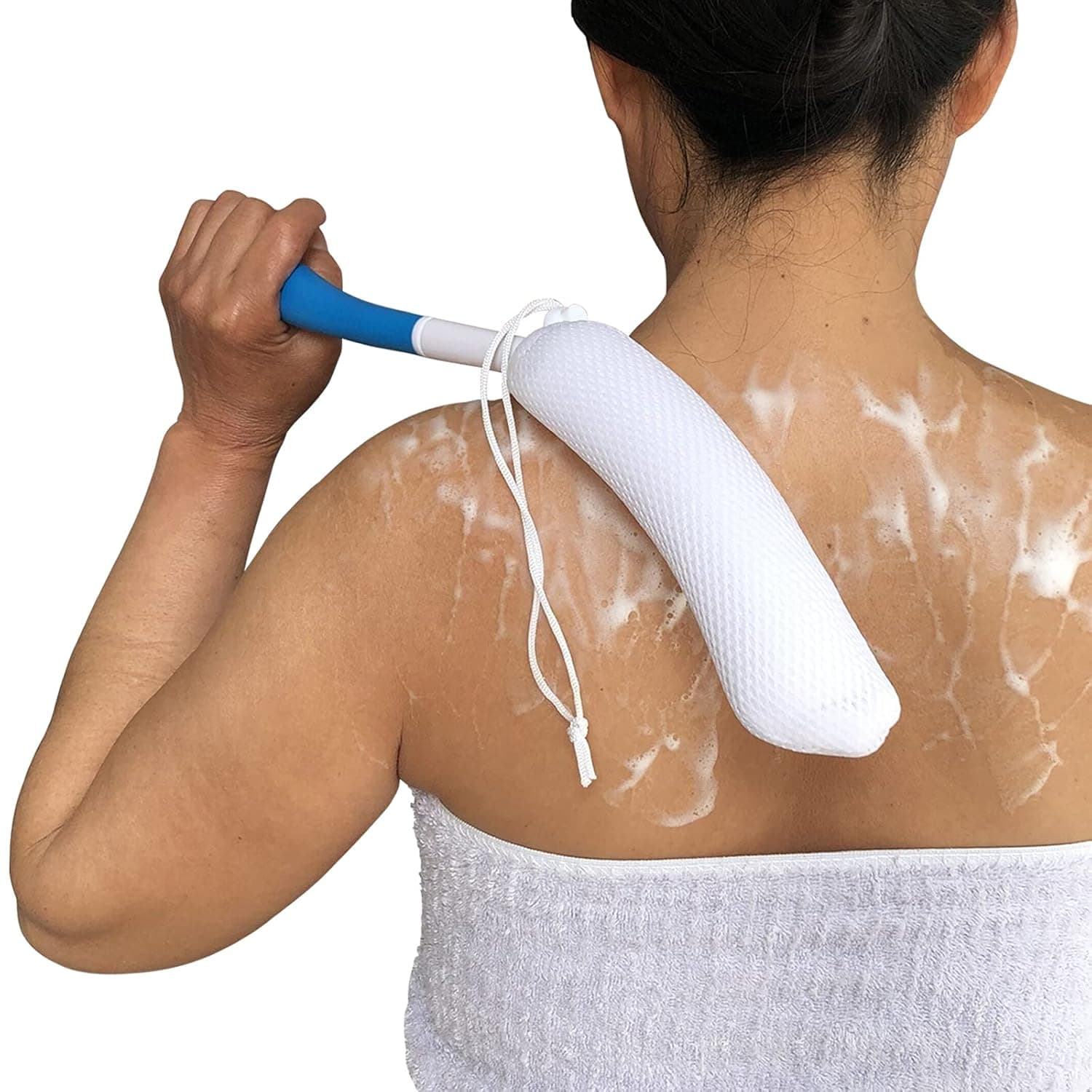 Long Handled Shower Brush, Body Washer & Bath Back Brush with Easy Reach Non-slip Handle, 15.7 Inches Long Curved Shower Body Scrubber for Elderly, Men & Women with Arthritis