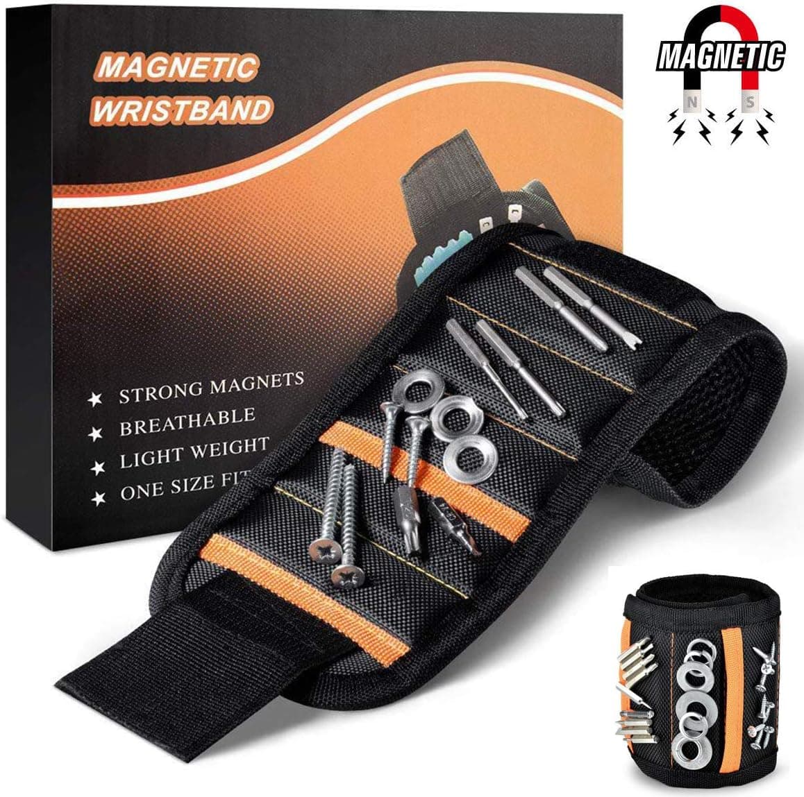 【2020 Upgrade】Magnetic Wristband Gifts for Men,Magnetic Wristband with 15 Strong Magnets for Holding Screws, Tools, Nails, Drill Bits (BLACK)