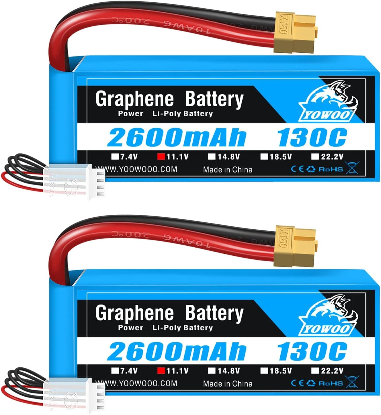 YOWOO 2 Pack Graphene Battery 3S 11.1V 2600mAh 130C Lipo Battery with XT60 Connector RC Batteries for E flite Valiant Parkzone E4F Wildcat Great Planes E-Cub RC Car Boat Truck Heli Airplane