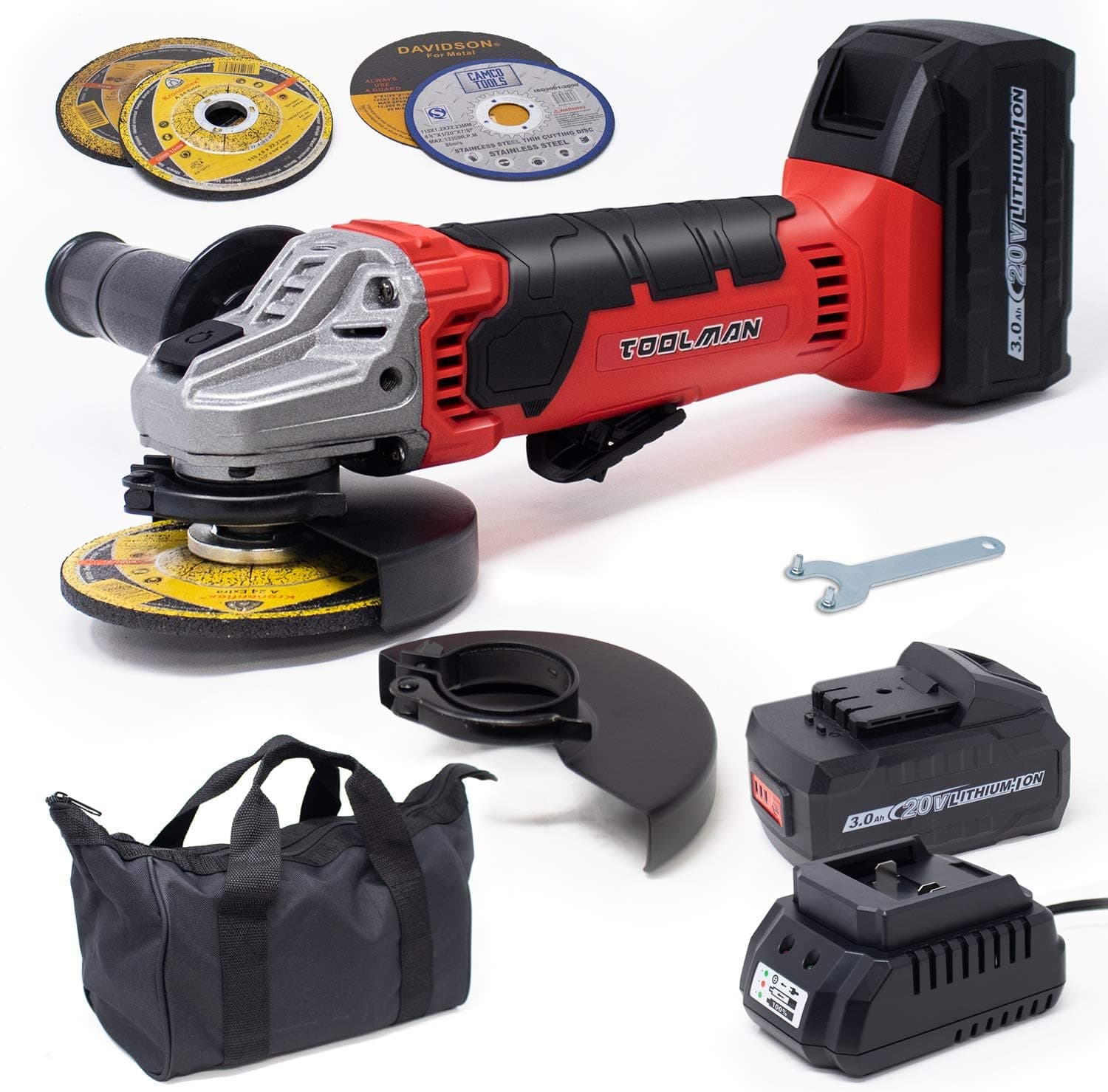 Toolman Cordless Angle Grinder 20V 4-1/2"/5" Pad, Brushless, 8PC (Two Batteries Included) ZTP018