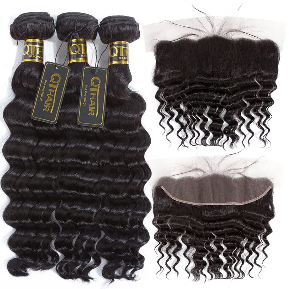 QTHAIR 12A Virgin Peruvian Loose Deep Wave Human Hair with Frontal(18 20 22+16 Frontal,Natural Black)100% Unprocessed Peruvian Loose Deep Wave Human Hair Weaves with Swiss Lace Closure Baby Hair
